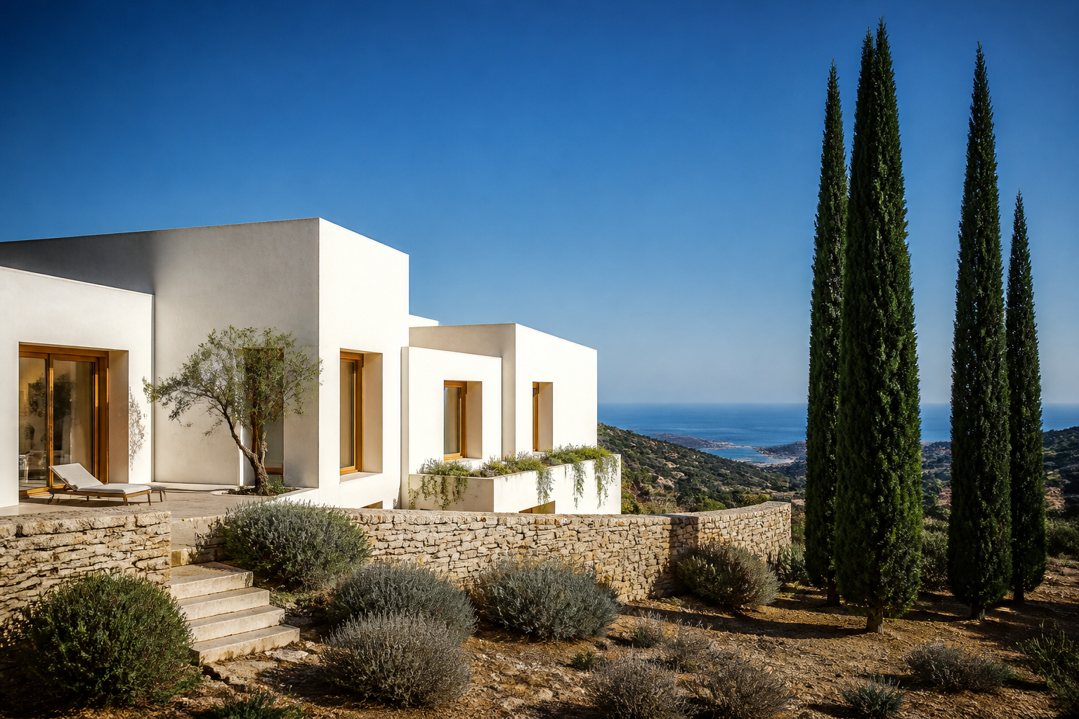 Contemporary villa on a hillside above the bay, hard afternoon light